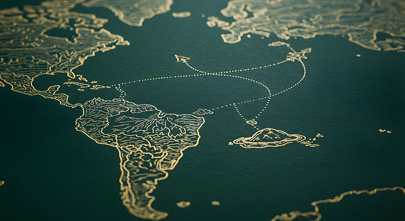 Carte des voyages d&rsquo;AB Signature Paris &mdash; routes point&eacute;es d&rsquo;or sur l&rsquo;oc&eacute;an de nuit