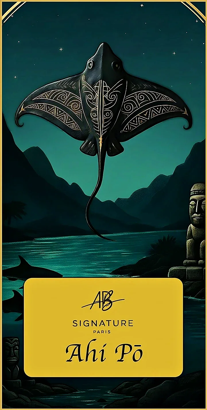 Ahi Pō — AB Signature Paris extrait de parfum, flacon engraved with Moorea, Polynesia