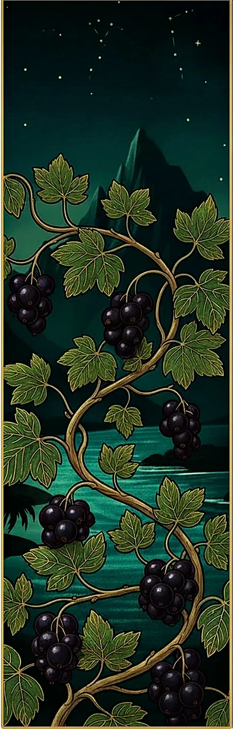 Ahi Pō — left profile, blackcurrant vine over the lagoon