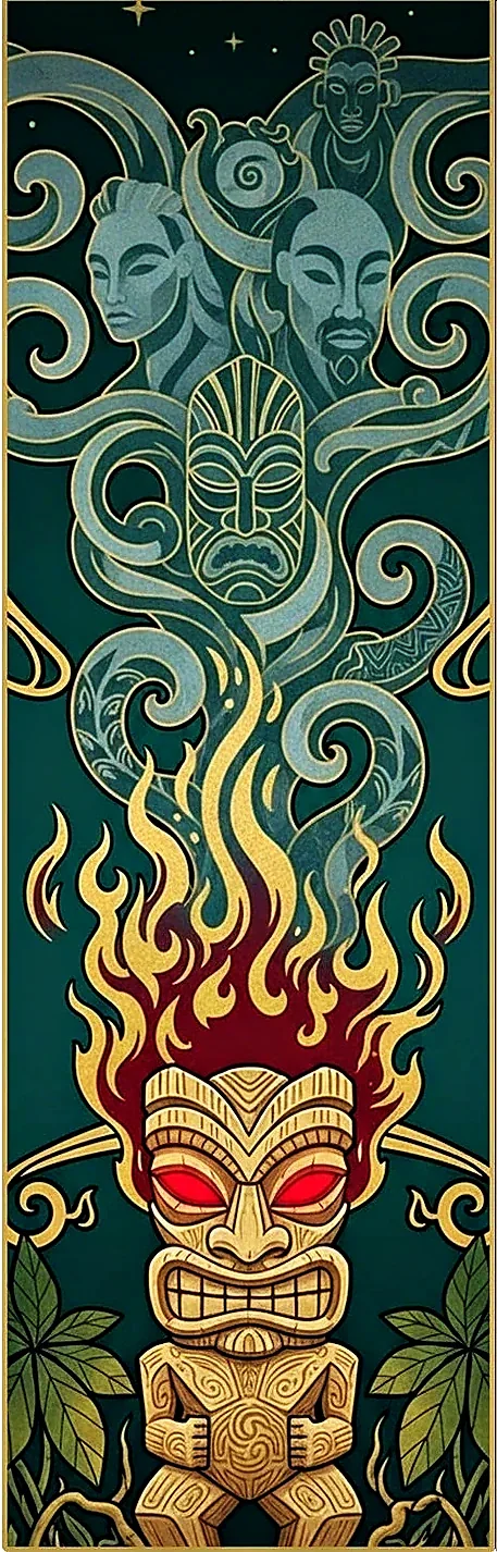 Ahi Pō — right profile, fire tiki and Polynesian spirits