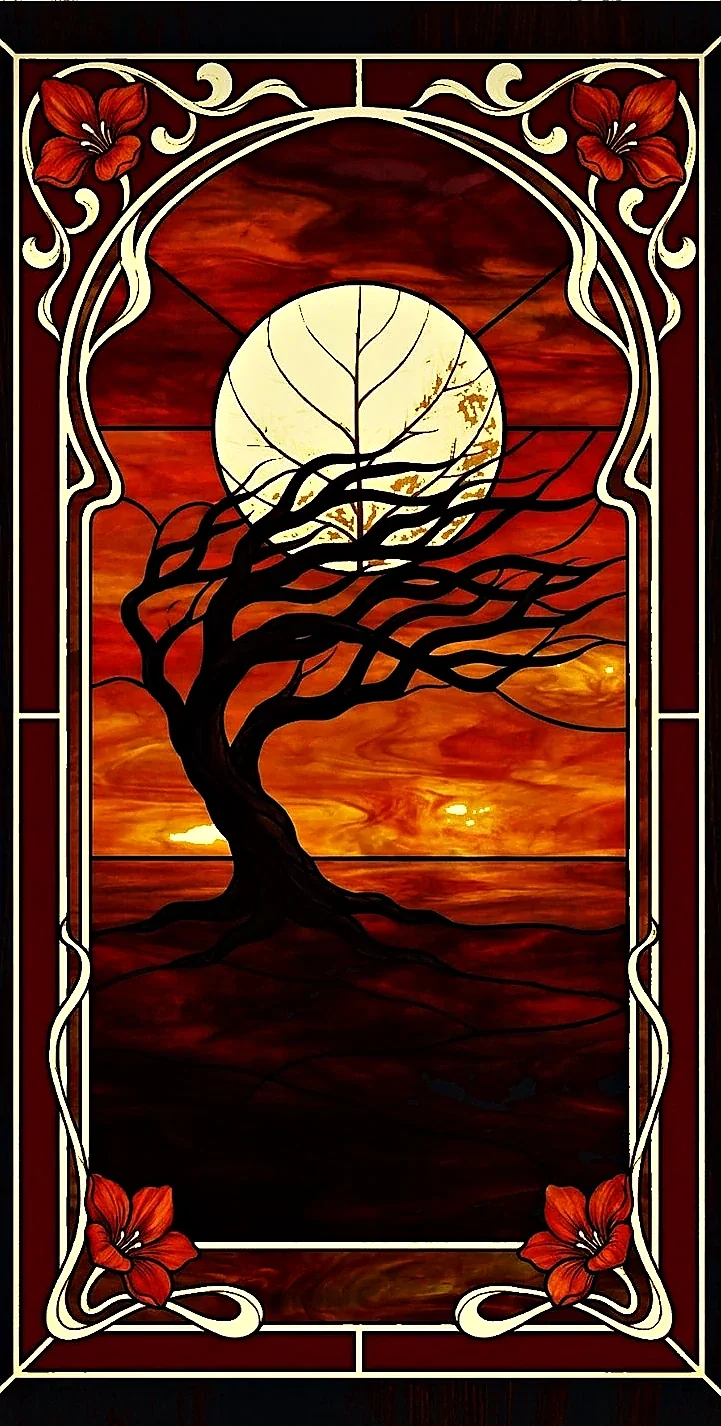 Oro Rojo — engraved back, divi-divi tree at Aruba’s sunset