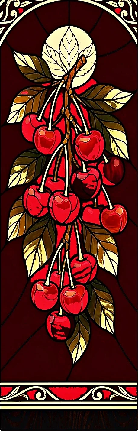 Oro Rojo — left profile, cluster of cherries in the moonlight